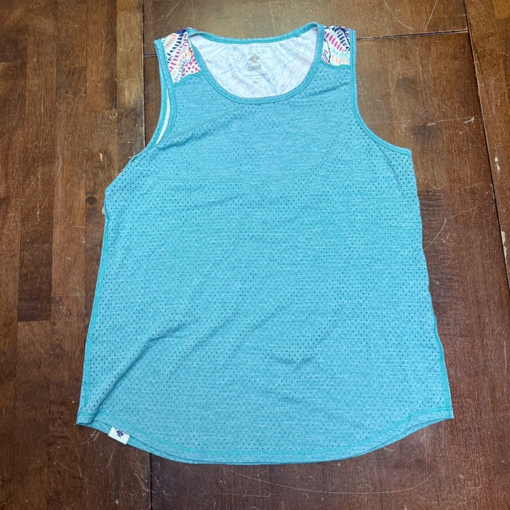 Rabbit Running Tank Top Womens Small Teal Perforated Mesh Frosty Print RW323